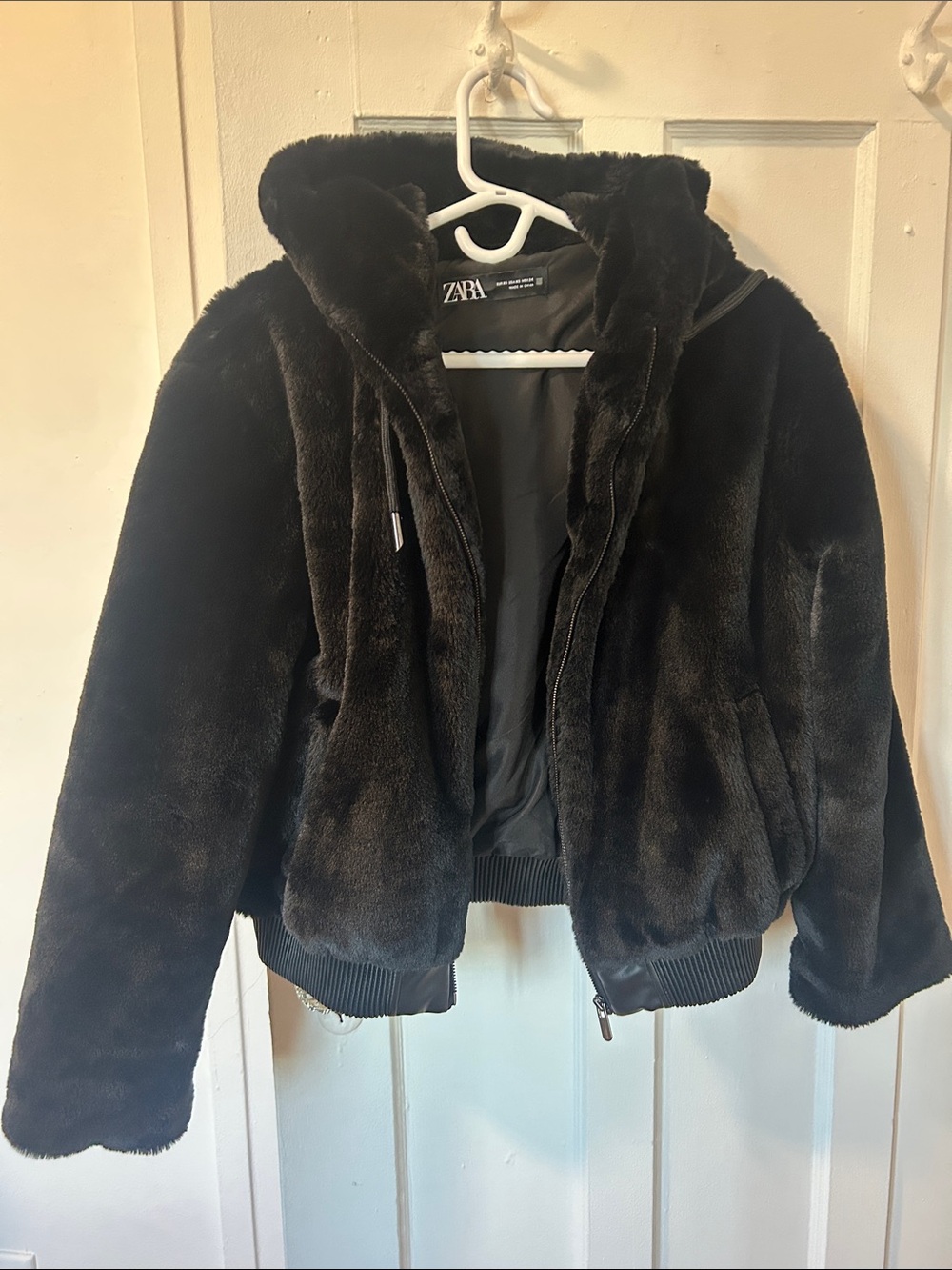 ZARA Black Plush Hooded  Jacket XS